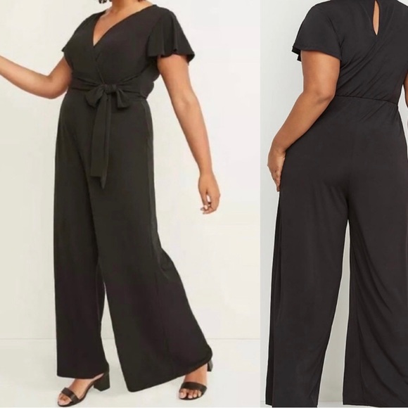 Lane Bryant Pants - New Lane Bryant Flutter Sleeve Wrap Black Wide Leg Jumpsuit 22 / 24